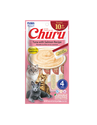CHURU GATO SENIOR 10+ SABOR ATUN Y SALMON 4 UNID