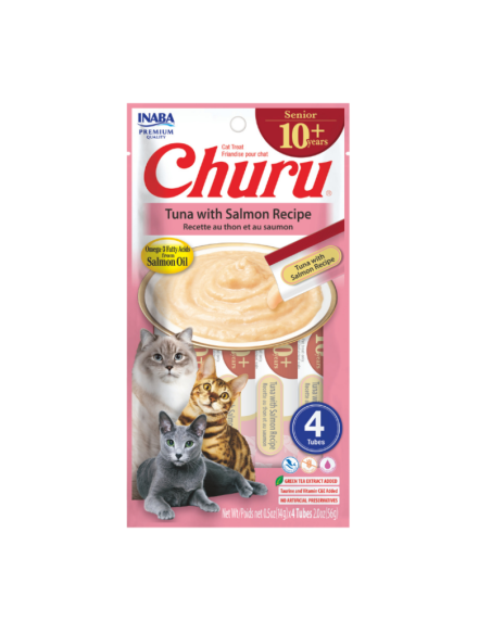 CHURU GATO SENIOR 10+ SABOR ATUN Y SALMON 4 UNID