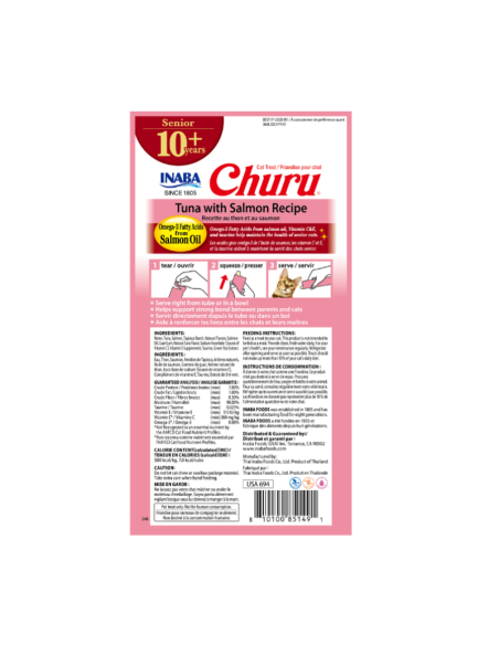 CHURU GATO SENIOR 10+ SABOR ATUN Y SALMON 4 UNID